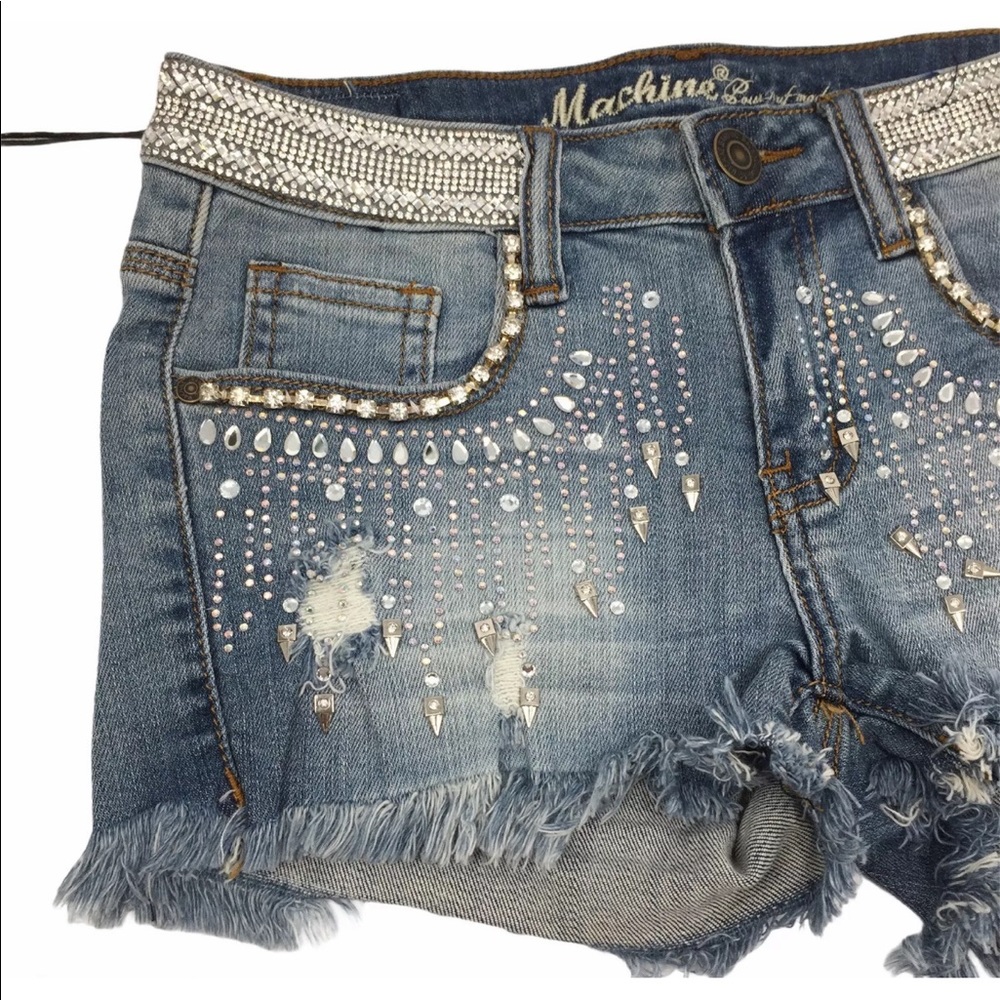 Machine Distressed Cutoff Jean Shorts Rhinestone - Picture 3 of 9